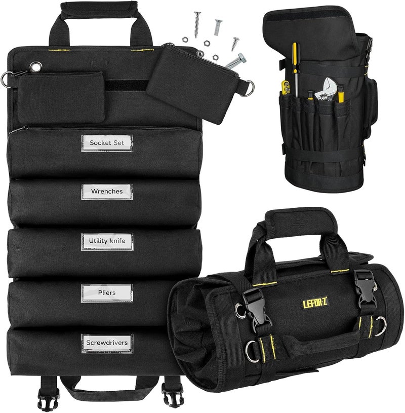 LEFORZ Tool Bag,Large Roll Up Tool Bag Organizer,13 Pockets Tool Roll Storage Pouch,Heavy Duty Portable Tool Storage Carrier Bag for Men,Mechanic,Electrician & Hobbyist,Black - Image 1